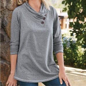 Soft Surroundings Blue Heather Cow Neck Button Top. Size Medium